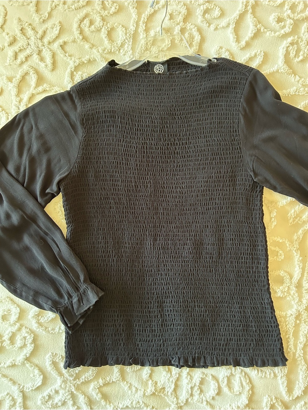Bobeau long sleeve black smocked top, boat neck, size L